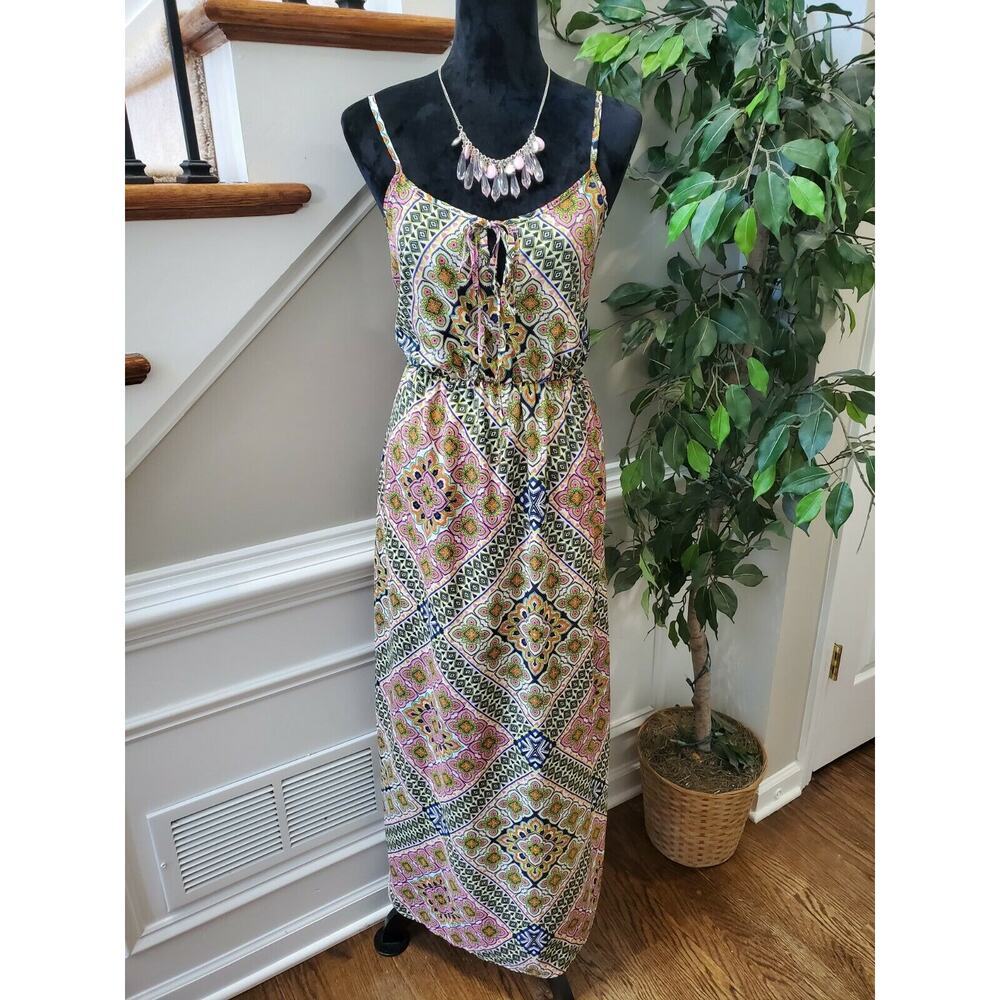 Runway Story Women's Multicolor Polyester Scoop Neck Strappy Long Maxi Dress M